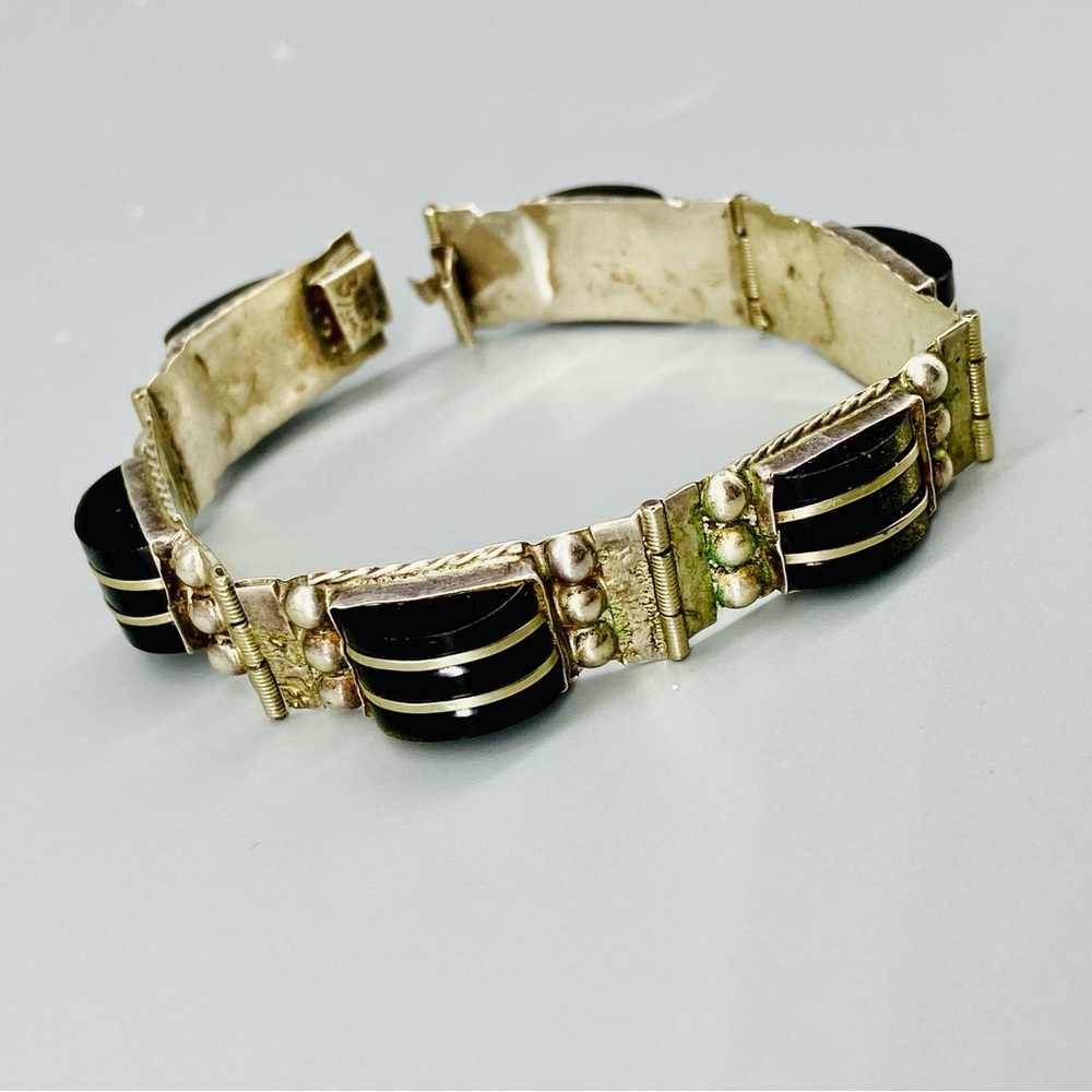 Vintage Sterling Silver & Onyx Cabochon Panel Link Bracelet Mexico 925